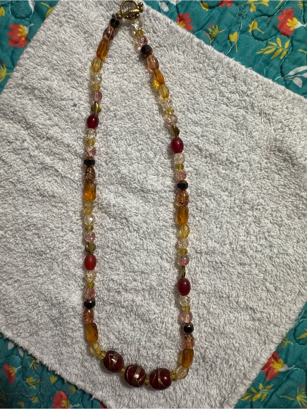 Vintage Earthy Blown Glass Beaded Statement Necklace, Warm Amber/Gold/Red
